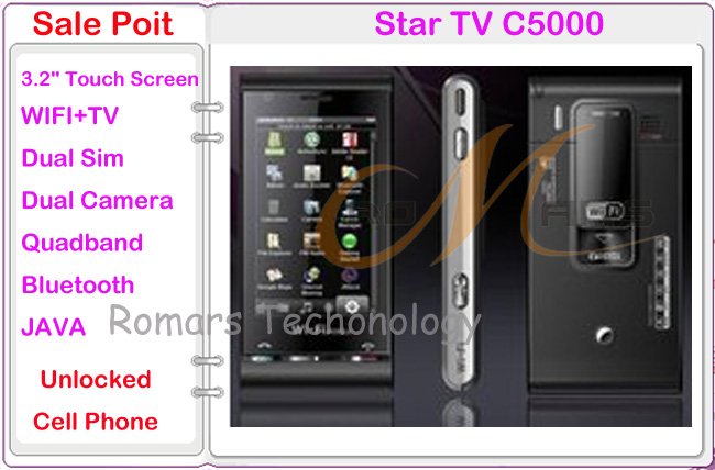 Free Shipping 3.2" Touch Screen PDA Quadband Dual Sim Dual Camera JAVA Mobile Phone TV WIFI Phone C5000 unlocked phone