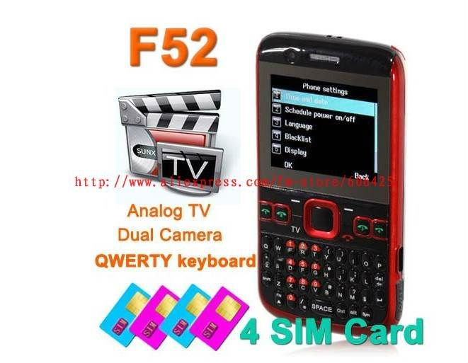 Freeshipping 4 four SIM slim tv mobile phone quad band unlocked qwerty keyboard F52 MP-52-4 (send car charger and card reader)