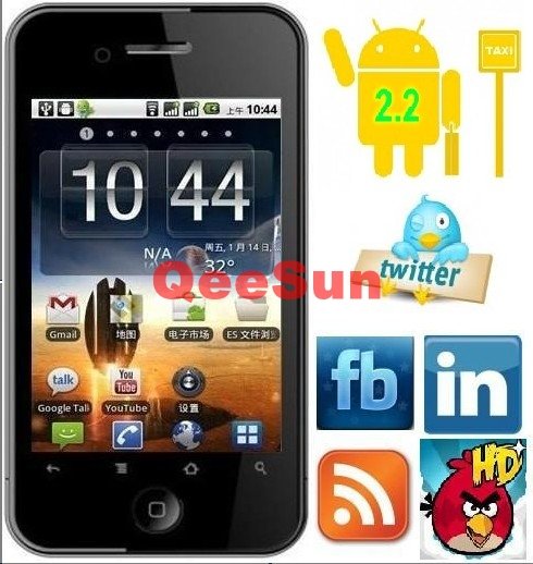 Google Mobile Phone WIFI TV GPS Skype Facebook Google Maps Android 2.2 OS Email Game Capacitive Screen Multi Touch Free Shipping