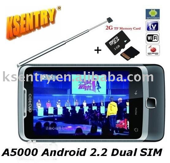 2011 Free shipping Android 2.2,GPS,Dual sim card TV phone,3.5inch Touch,cursor,wifi A5000 cell phone + 1pcs 2GB Mico TF Card